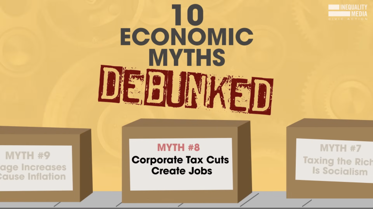 Cartoon cardboard box on a conveyer belt with a label that says "Myth #8: Corporate Tax Cuts Create Jobs"